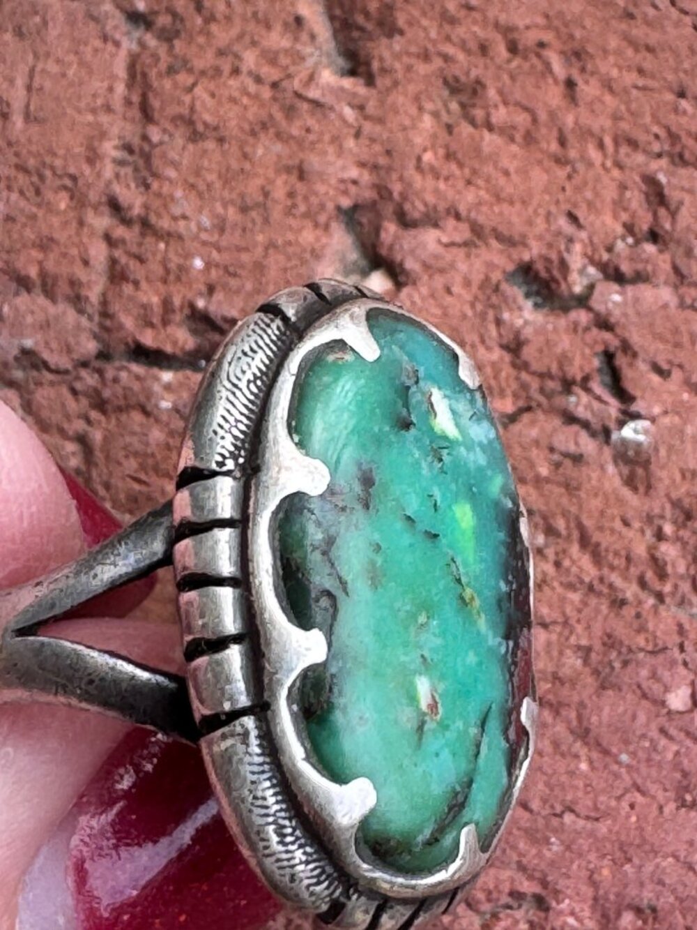 Sterling Silver Green Turquoise Ring Size 7 Oval Nugget Stone Southwest Style - Picture 13 of 13